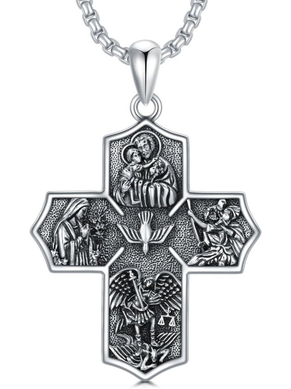 Sterling Silver Four Way Cross Pendant Necklace - Religious Amulet Jewelry Gift